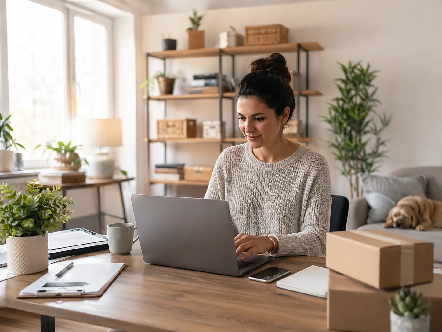 Een sfeervolle thuiswerkplek waar een ondernemer vanuit huis werkt aan haar eigen bedrijf.