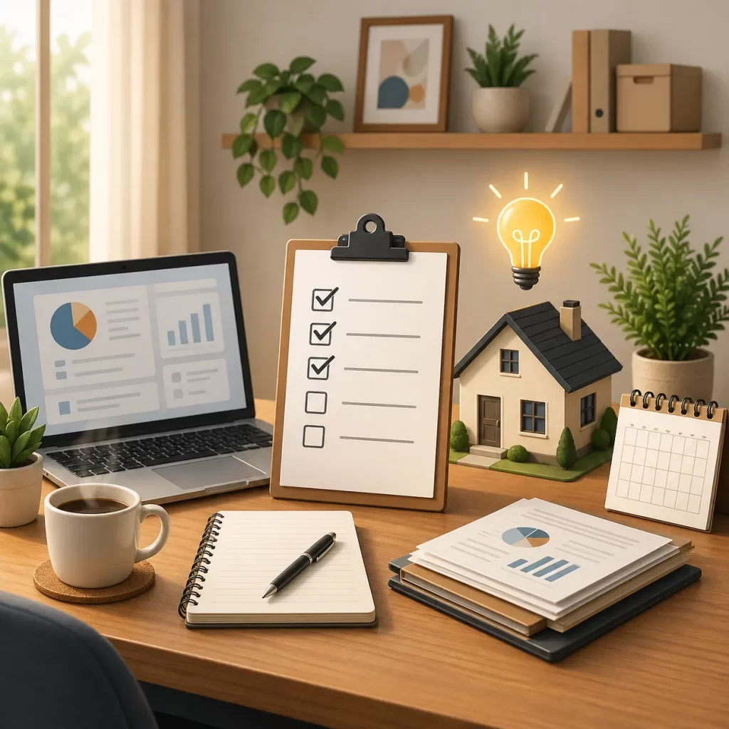 Een warme thuiswerkplek met checklist, laptop en huisje als symbool voor het plannen van een eigen onderneming vanuit huis.
