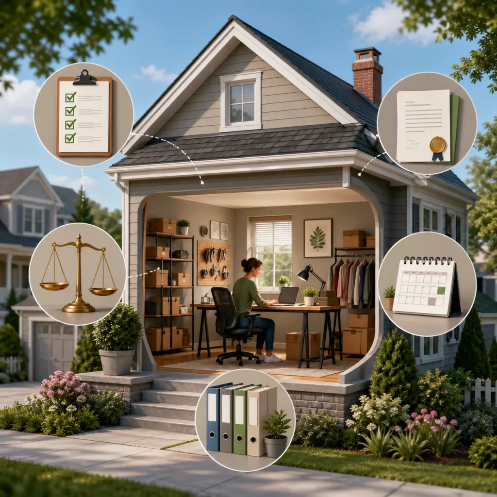 Een thuiswerkplek met duidelijke symbolen voor vergunningen, planning, administratie en wettelijke regels.