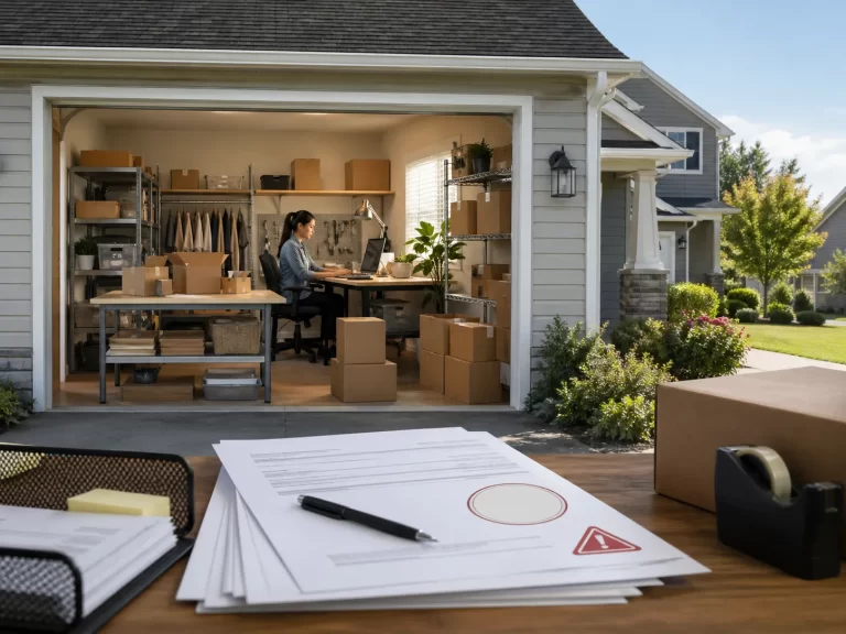 Een thuiswerkplek met pakketten en administratie, waarbij twijfel over vergunningen centraal staat.