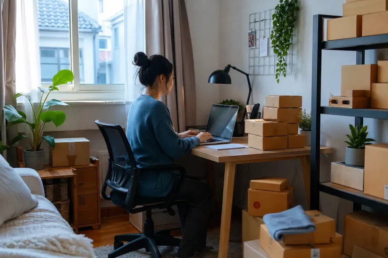 Een rustige werkplek in huis met pakketten, laptop en opbergruimte voor een kleine onderneming.