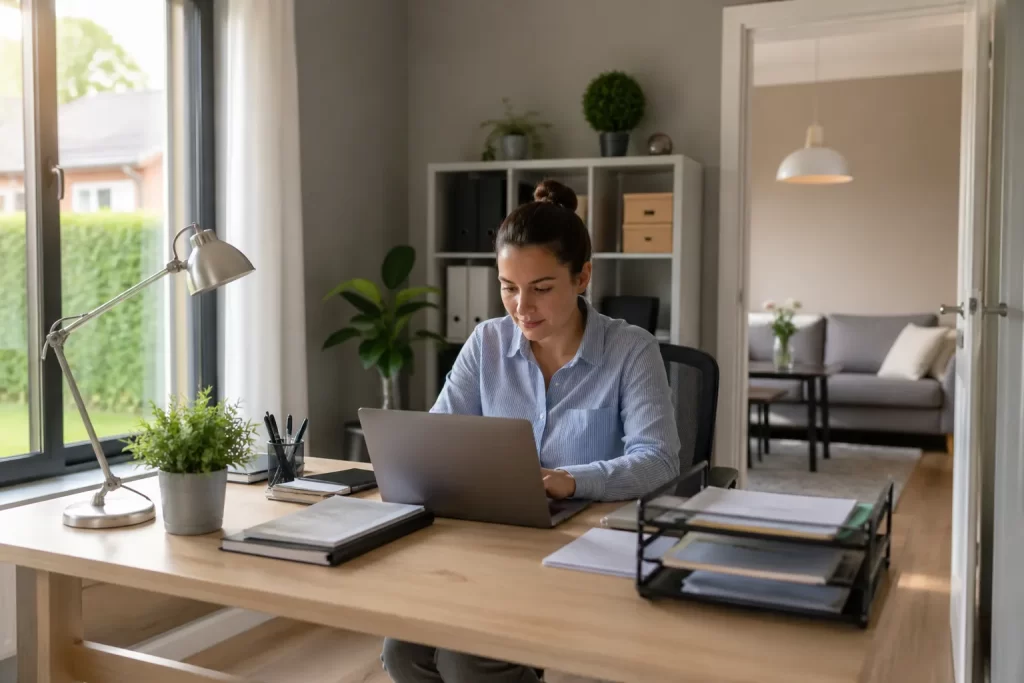 Een rustige thuiswerkplek in een koopwoning, passend bij ondernemen vanuit huis.