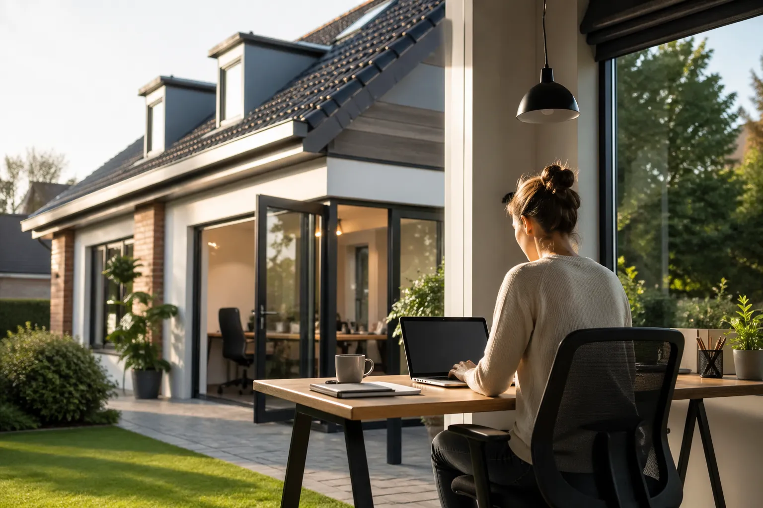 Een moderne woning met rustige werkplek aan huis, ideaal voor ondernemers die wonen en werken combineren.