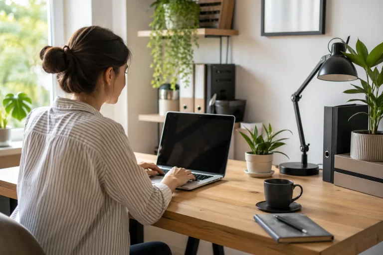 Een rustige thuiswerkplek waar een ondernemer online haar bedrijf inschrijft en voorbereidt.