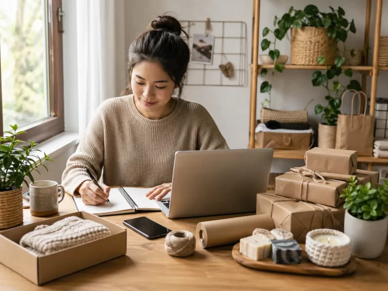Een kleine, slimme start vanuit huis met laptop, notitieboek en eenvoudige producten.