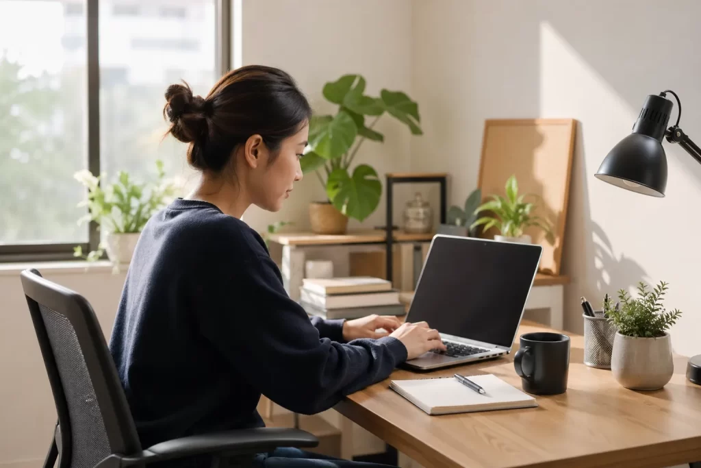 Een rustige thuiswerkplek voor beginners die hun eigen online onderneming willen opbouwen.