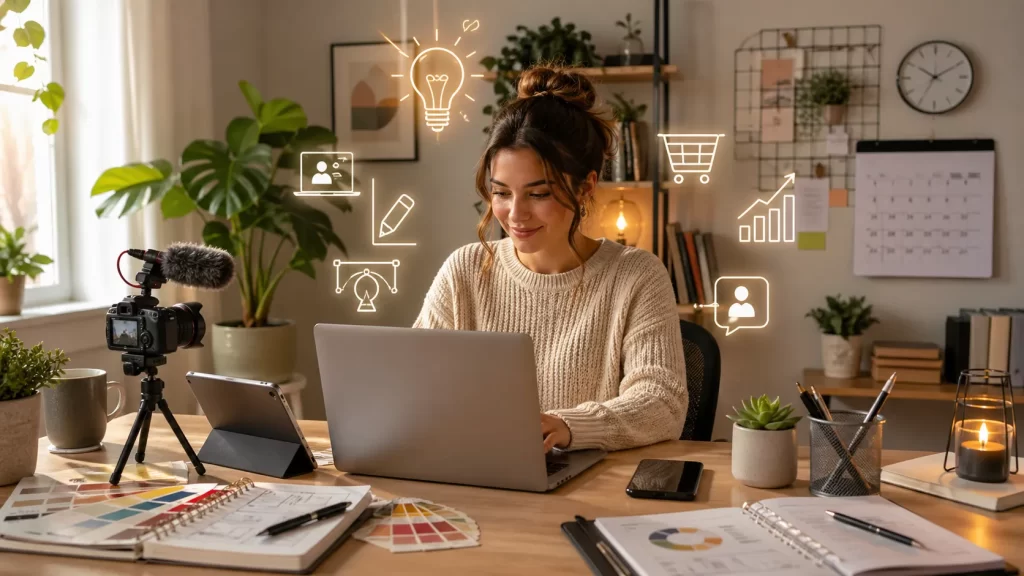 Een sfeervolle thuiswerkplek voor slimme online bedrijfsideeën zonder voorraad.