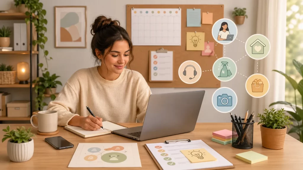Een beginnende ondernemer werkt vanuit huis aan een duidelijk plan voor haar nieuwe dienstverlenende bedrijf.