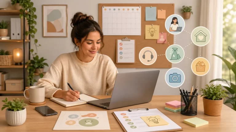 Een beginnende ondernemer werkt vanuit huis aan een duidelijk plan voor haar nieuwe dienstverlenende bedrijf.