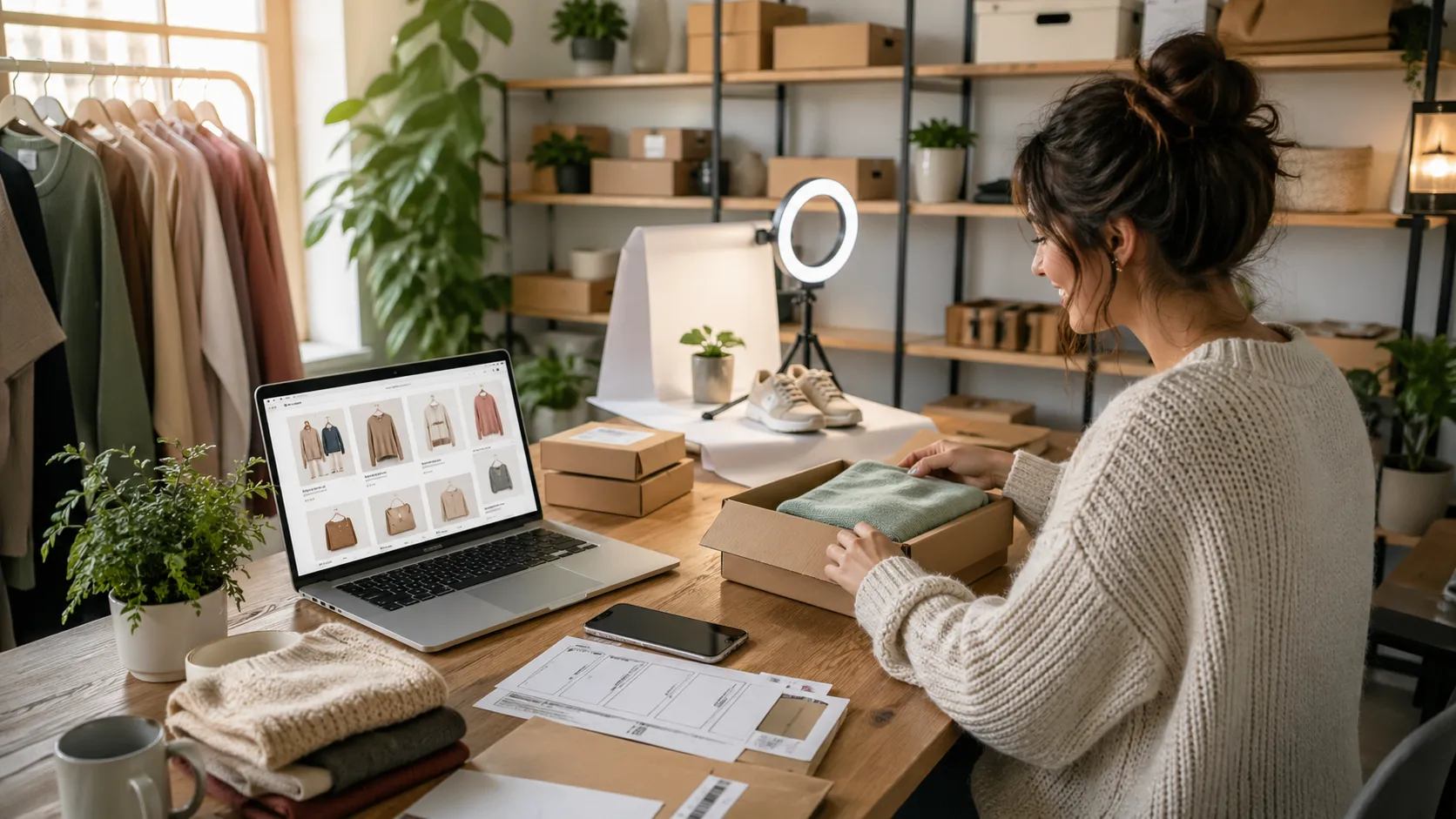 Thuisondernemer verpakt online bestellingen in een gezellige werkruimte.