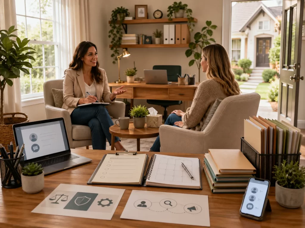 Een warme, professionele thuispraktijk waar een coach een cliënt ontvangt in een rustige en uitnodigende omgeving.