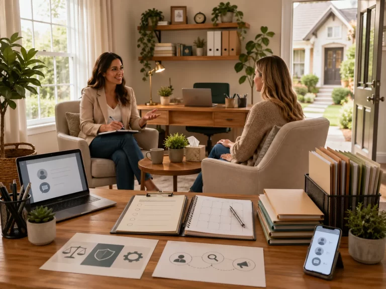Een warme, professionele thuispraktijk waar een coach een cliënt ontvangt in een rustige en uitnodigende omgeving.