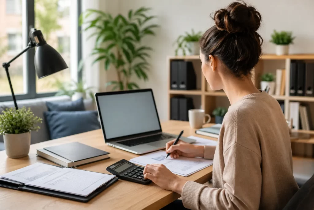 Een rustige thuiswerkplek waar een beginnende ondernemer administratie verwerkt met laptop, documenten en rekenmachine.