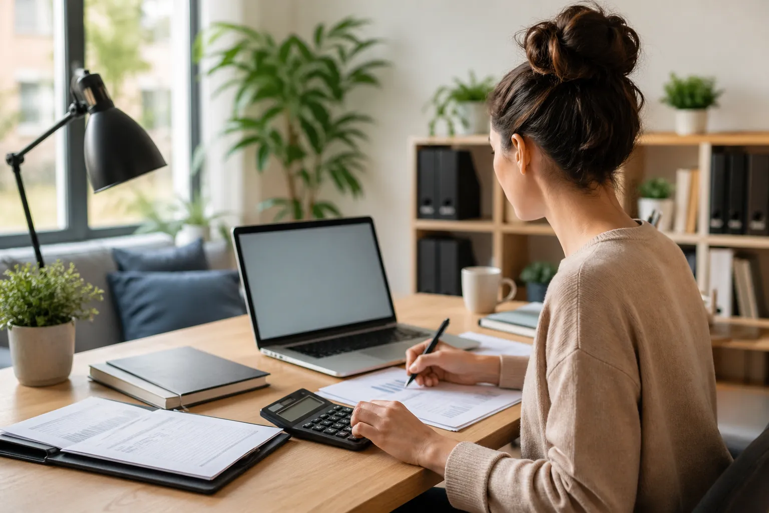 Een rustige thuiswerkplek waar een beginnende ondernemer administratie verwerkt met laptop, documenten en rekenmachine.