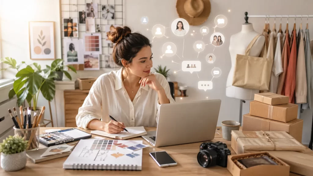 Een inspirerende thuiswerkplek waar een creatieve ondernemer ideeën uitwerkt, producten voorbereidt en online klanten bereikt.