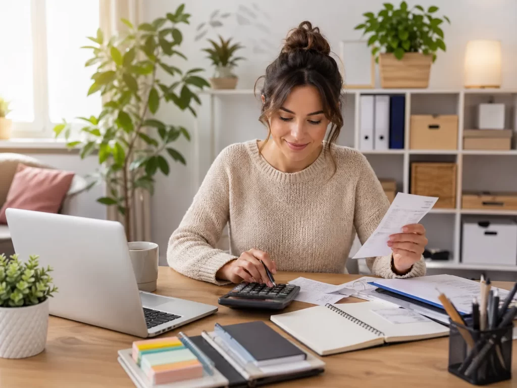 Een rustige thuiswerkplek waar een starter bonnetjes, administratie en financiën overzichtelijk bijhoudt.
