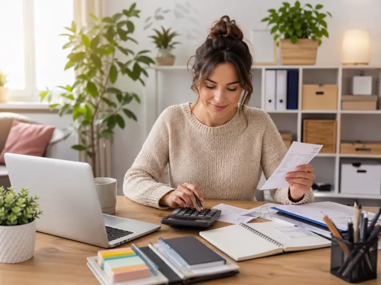 Een rustige thuiswerkplek waar een starter bonnetjes, administratie en financiën overzichtelijk bijhoudt.