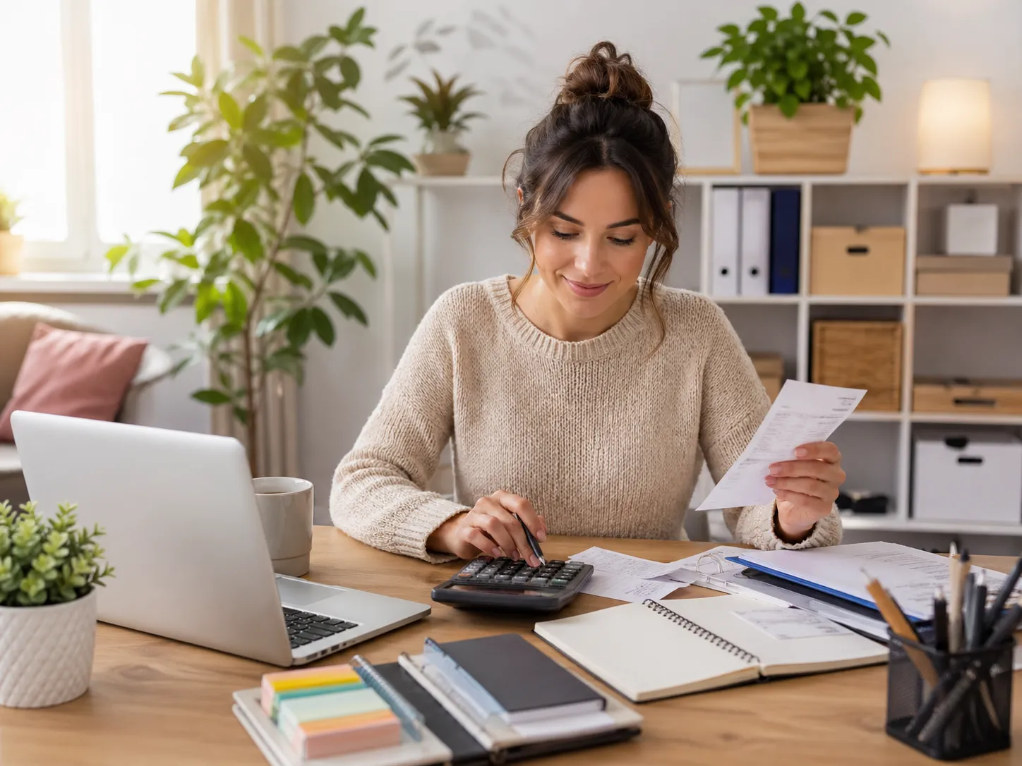 Een rustige thuiswerkplek waar een starter bonnetjes, administratie en financiën overzichtelijk bijhoudt.