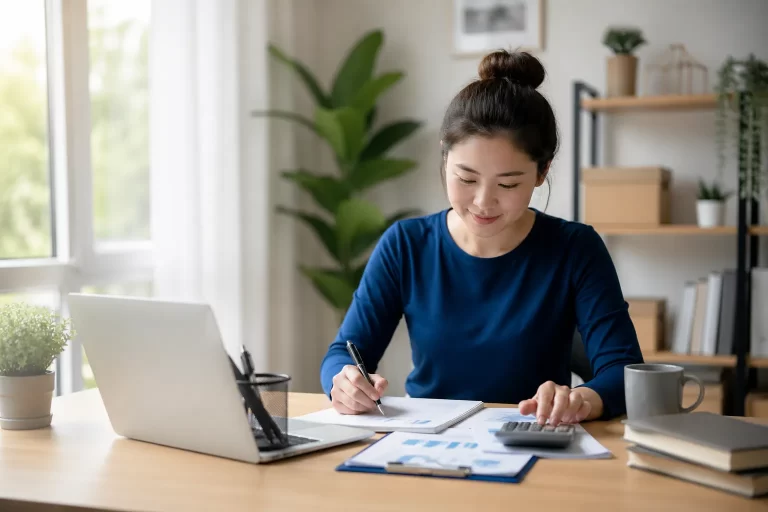 Een rustige thuiswerkplek waar administratie en zakelijke planning overzichtelijk samenkomen.